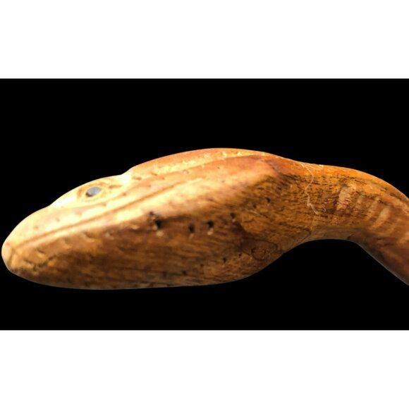 Hand-Carved Wooden Snake Sculpture On Seed Pod Root Base 15" Length - Picture 13 of 16